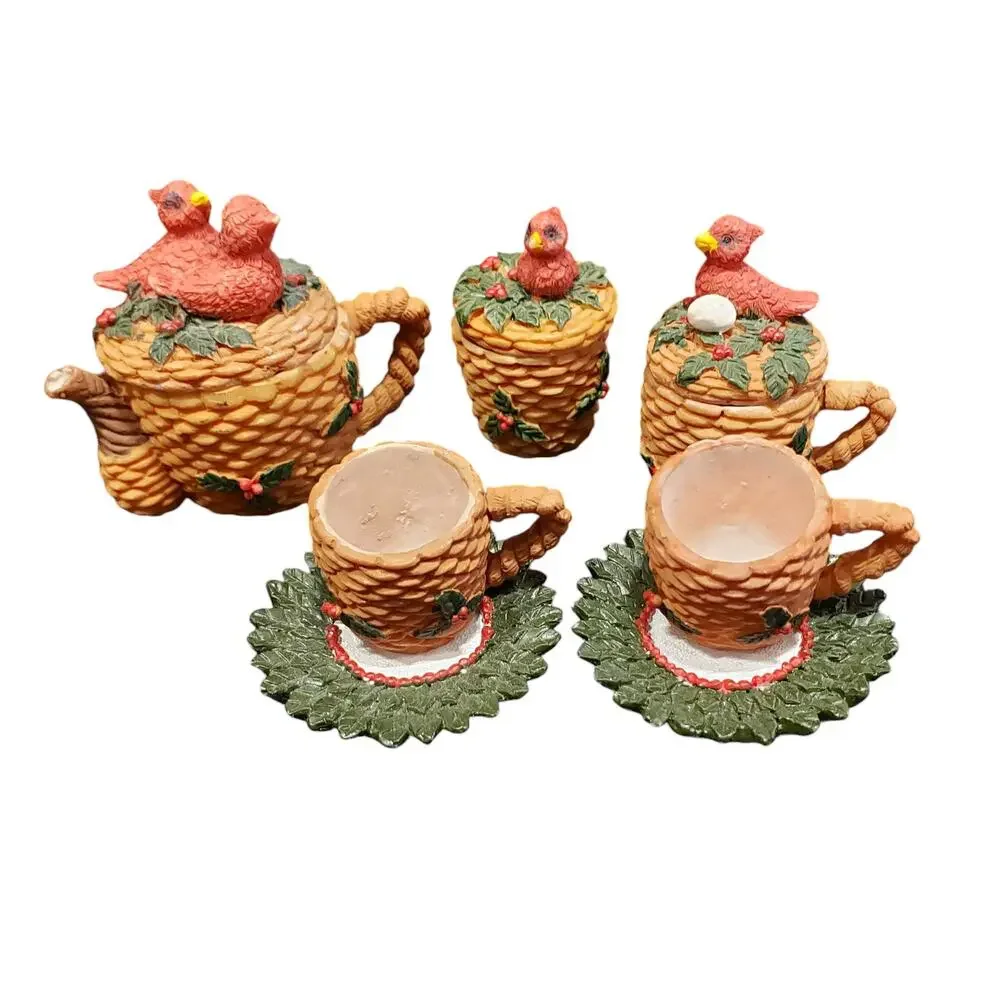 Vintage Bird Tea Set Spring Birds Nest Red Detailed 10 Pieces Miniature Tea Set